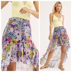 Rococo Sand Tallia Purple Floral Ruffle Button High Low Skirt